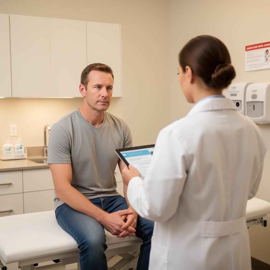 Médico consultando con un paciente adulto en una sala de examen