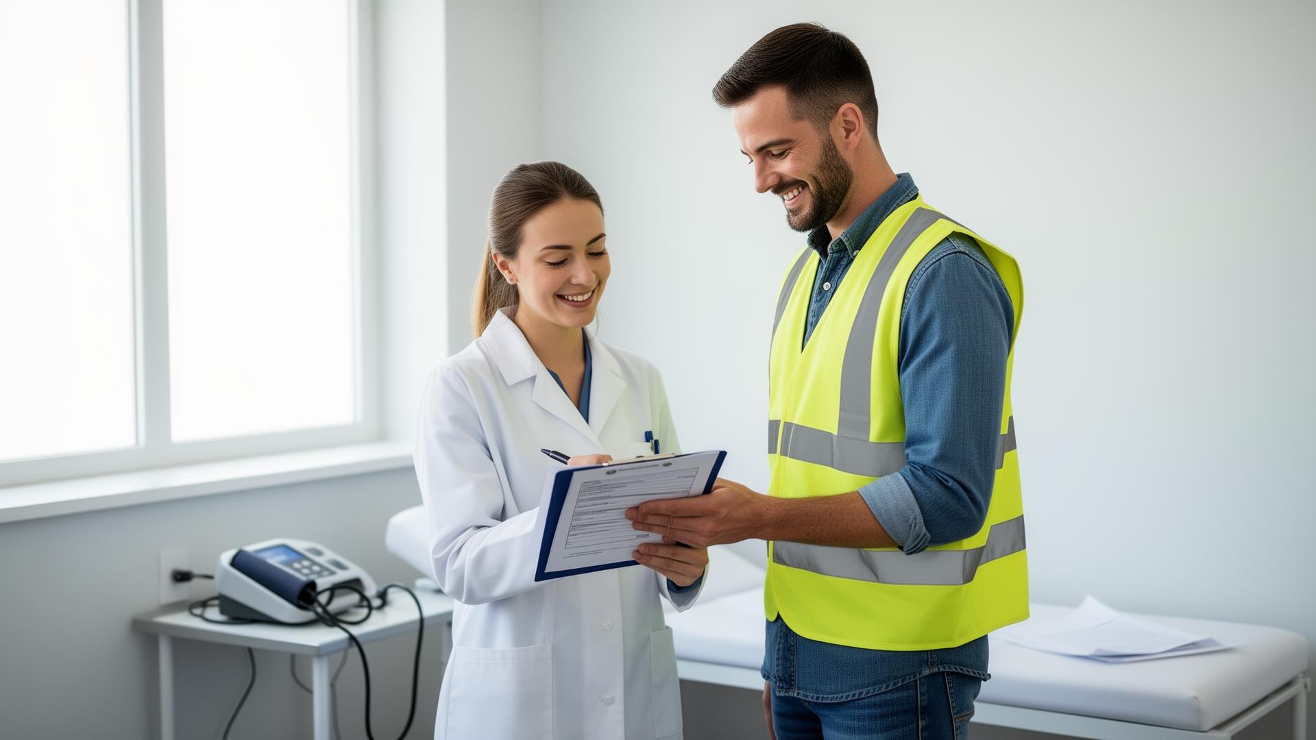 Clinician reviewing occupational health paperwork with an employee in a clean exam room