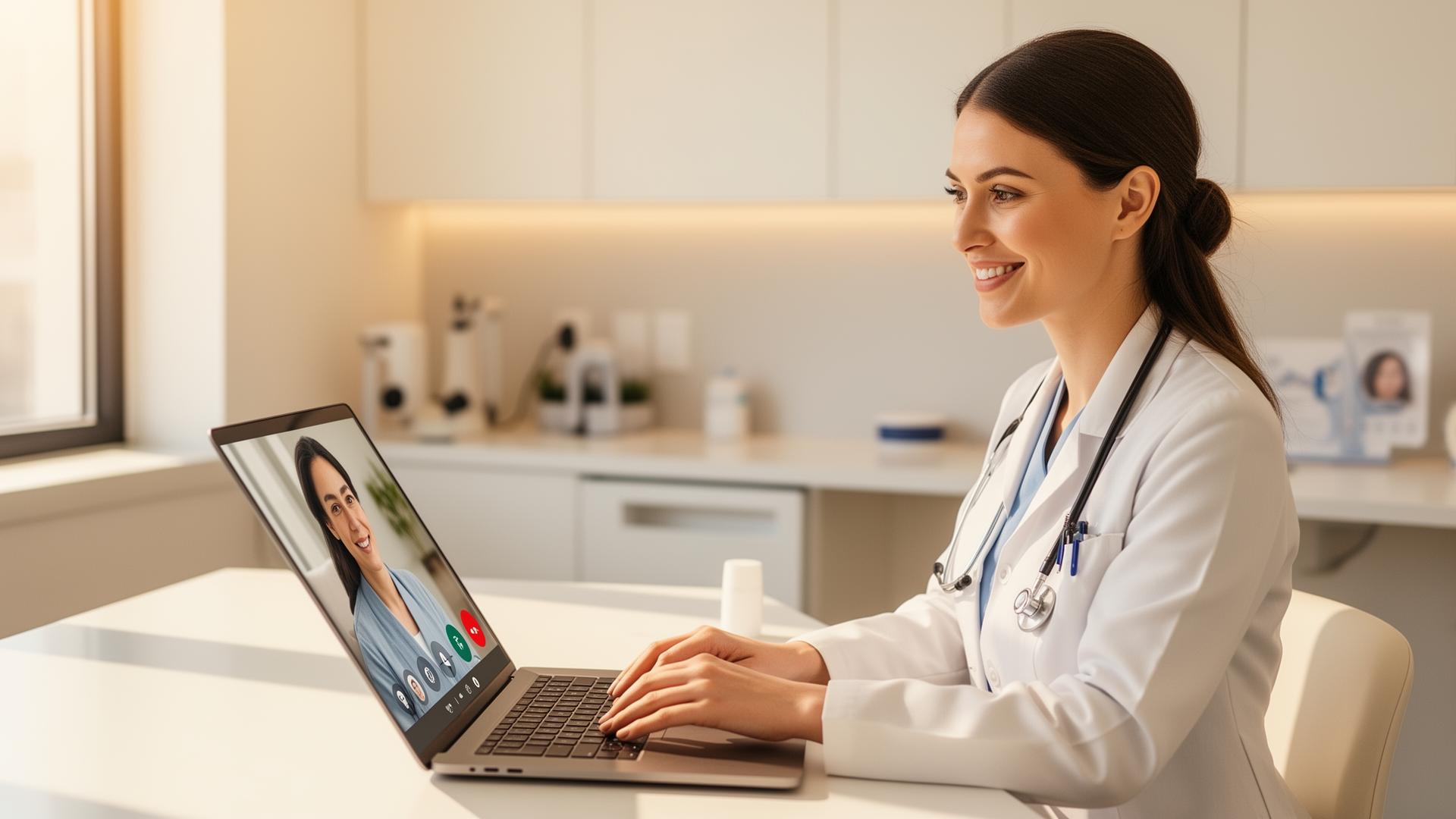 Patient on a video telehealth visit with a medical provider in a clean clinic setting
